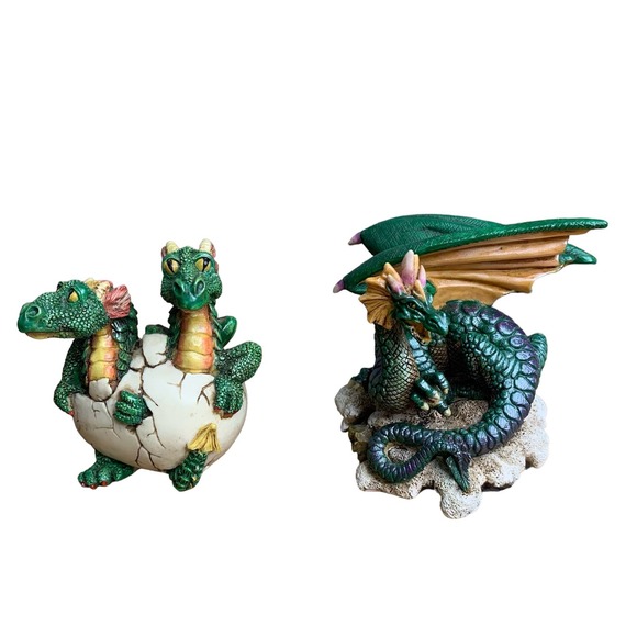 1997 WU Twin Dragon Figurine Hatching From Egg & 1998 WUI Dragon on Rock Resin - Picture 1 of 16